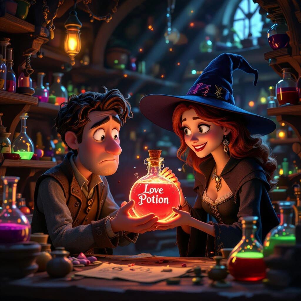 Man Buys Glowing Love Potion from Witch in Magical Shop