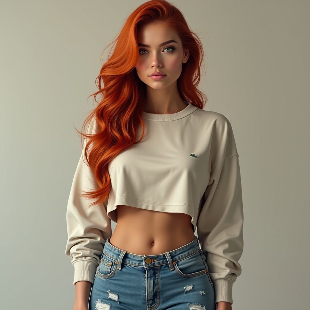 Sensual Woman in Hyperrealistic Portrait with Vibrant Red Ha...