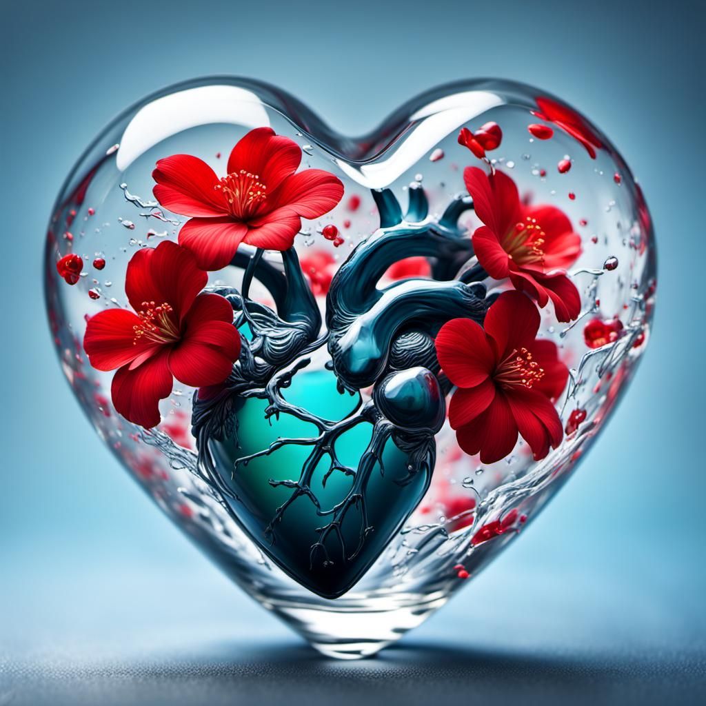 Scenery with red flowers in a glass heart