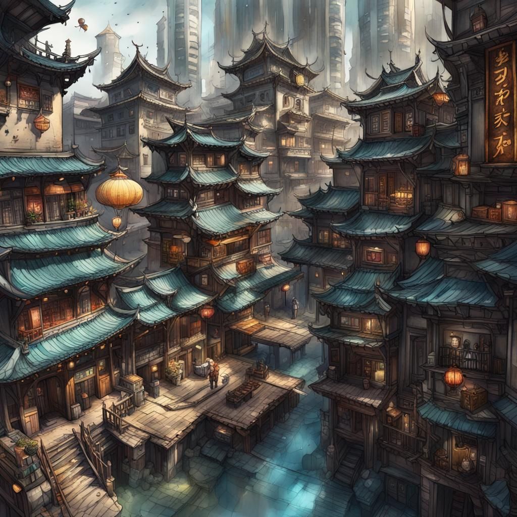 Oriental Watercolor Urban Sketch of City Street