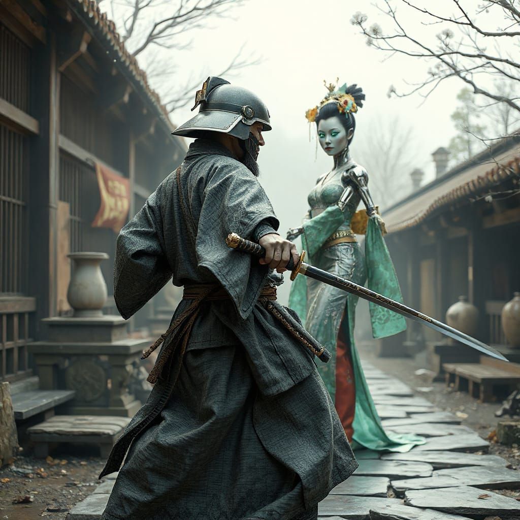 Cyberpunk Geisha Fights Samurai in Ancient Japanese Village