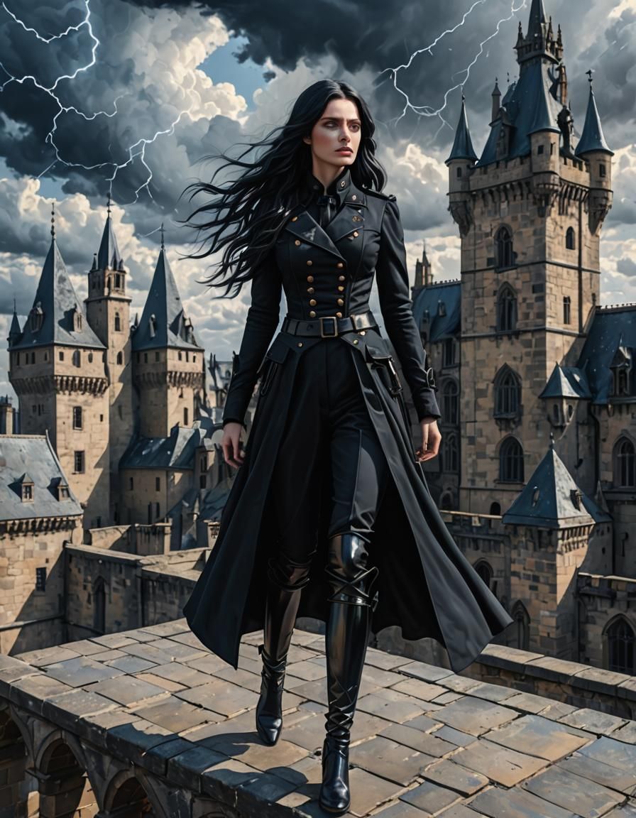 Woman on Gothic Castle Roof with Magic