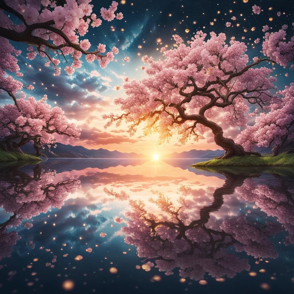 Mystical Sunset Scene with Cherry Tree Reflection