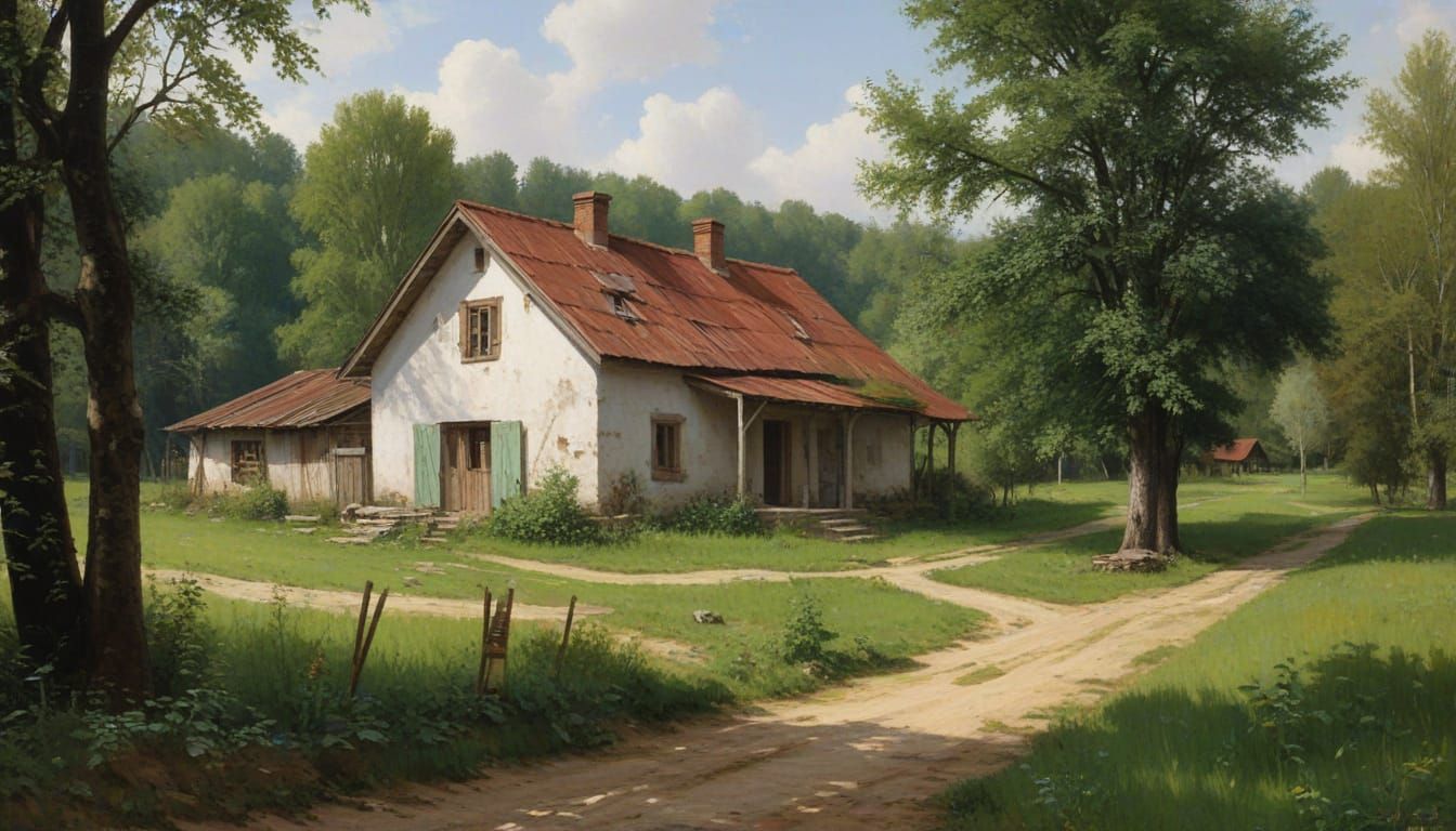 Richly Colored Soviet Farm Landscape in Bouguereau Oil Style