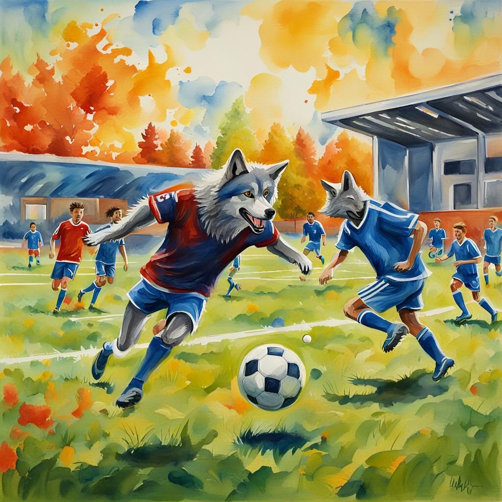 Wolves Play Soccer: Gouache Watercolor Impressionist Scene