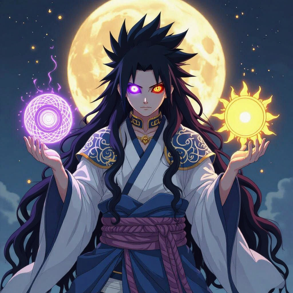 Powerful God with Rinnegan and Sharingan in Anime Style