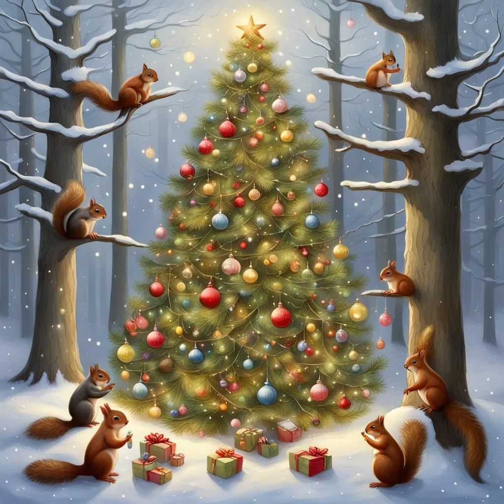 squirrels decorating a large Christmas tree in the forest be...
