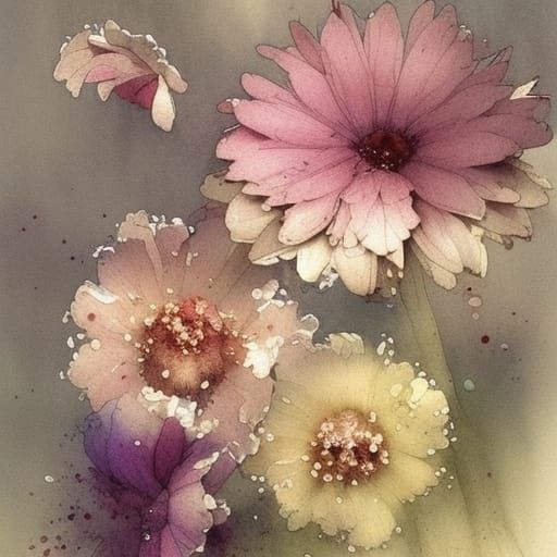 Muted Watercolor Flowers with Painterly Dripping Effects