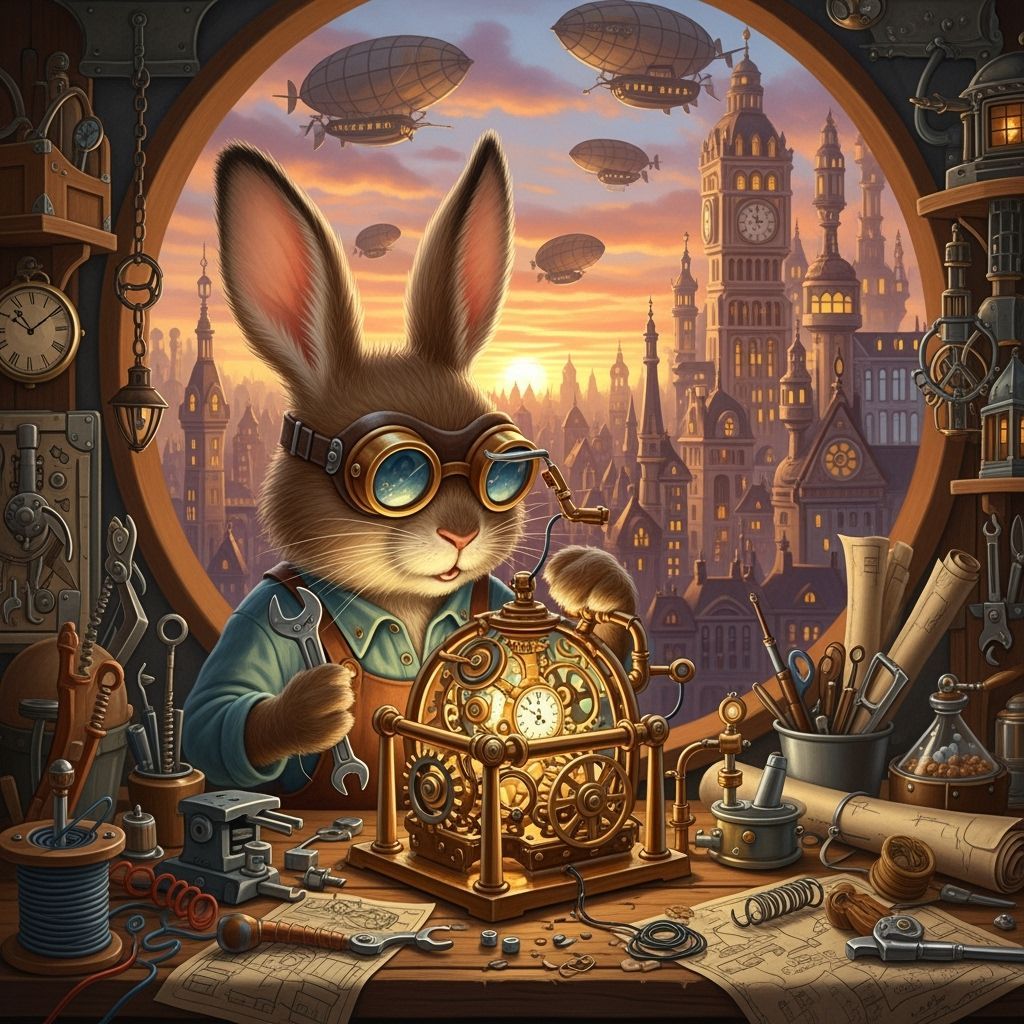Steampunk Rabbit Engineer Tinkering with Clockwork Device