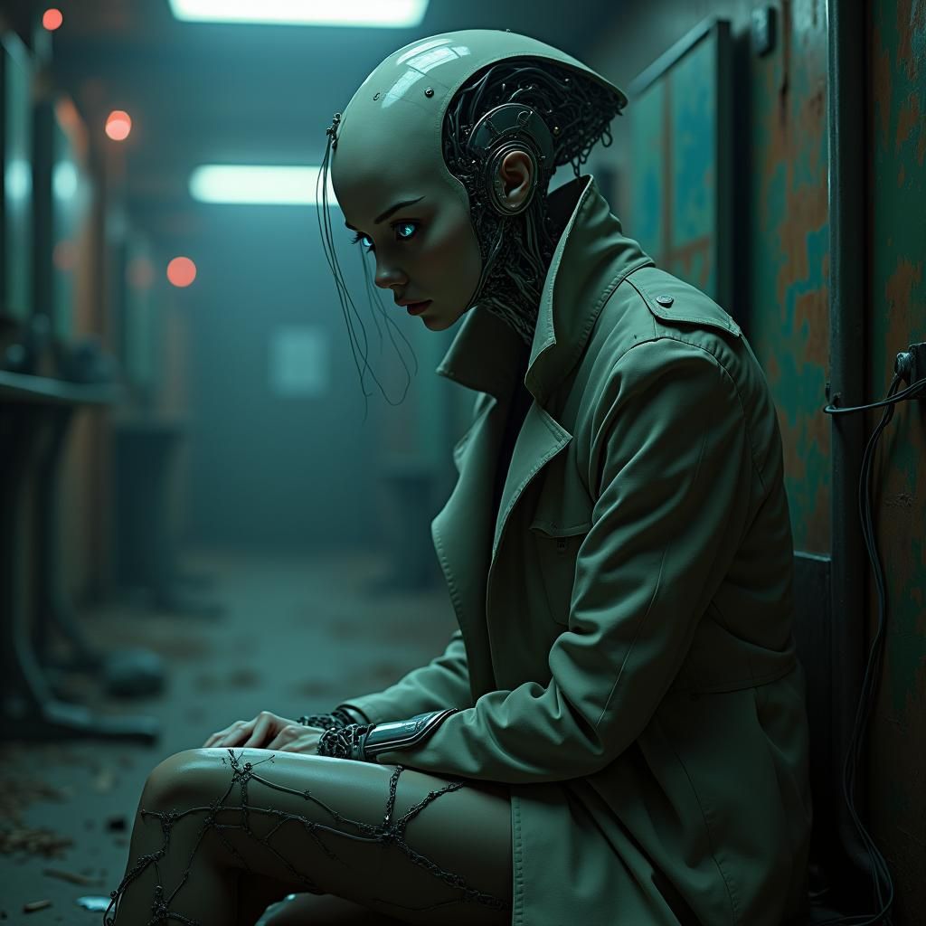 Melancholic Cyborg in Cyberpunk Environment