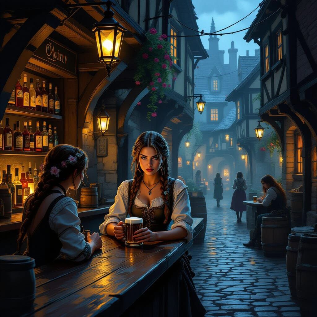 Bartender in Dim Tavern with Adventurers