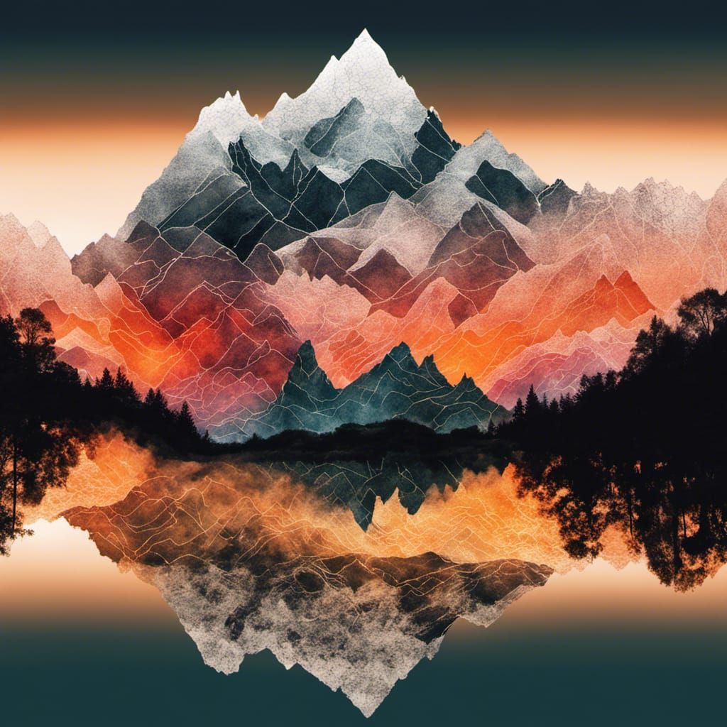 Sunset Mountain Range Landscape in Double Exposure
