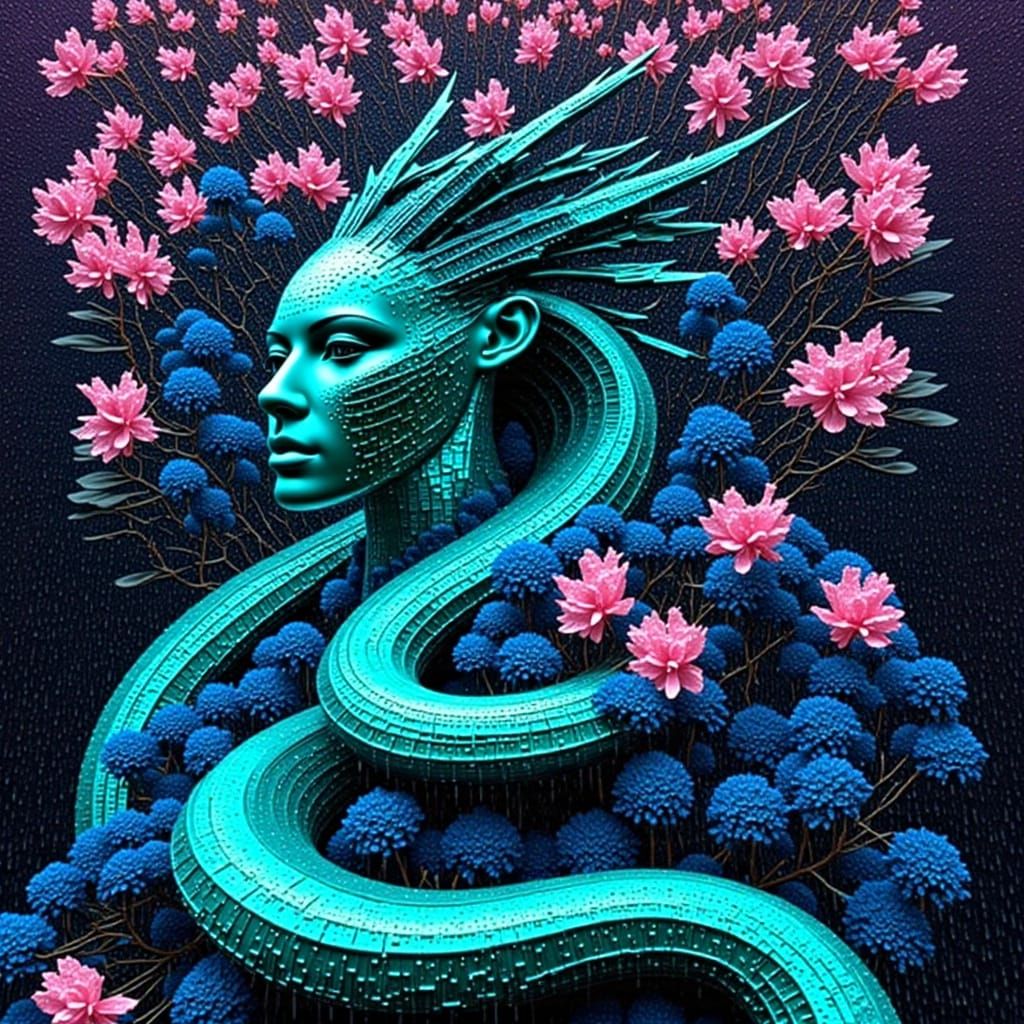 Vibrant Serpent with Pink Flowers in Pop Art Style