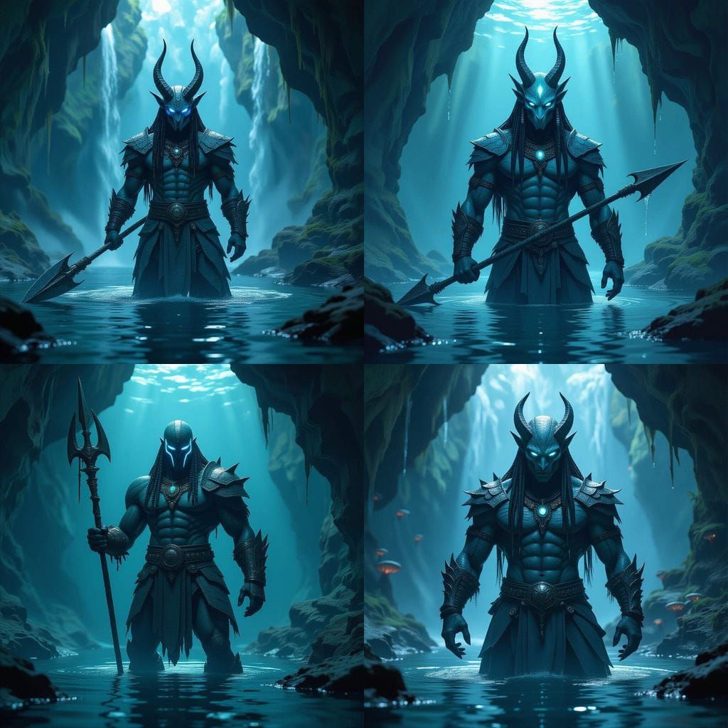 Abysskin Warrior Emerges from Black Lake: Cubist Art Deco