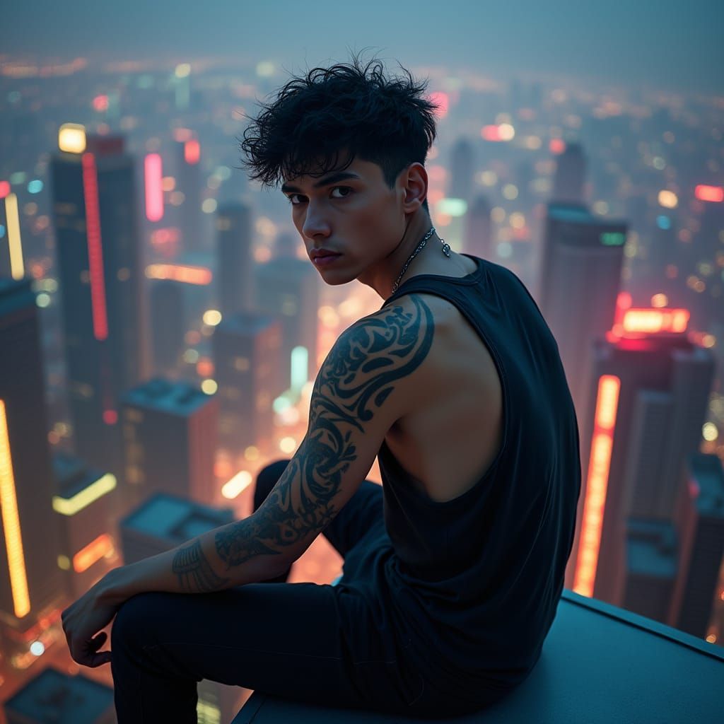 Young Man with Tribal Tattoo Contemplates Cityscape