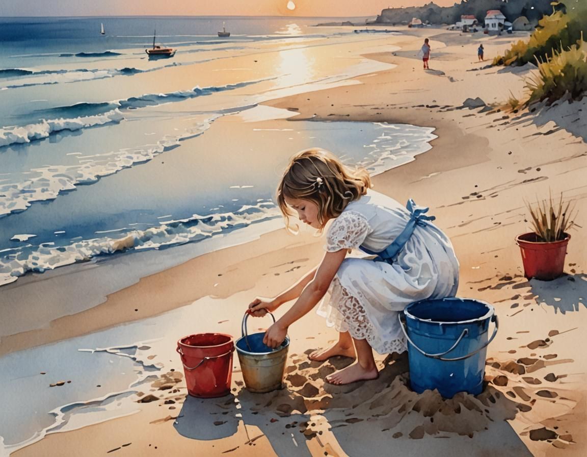 Girls Building Sandcastle: Gouache Painting of Beach Scene