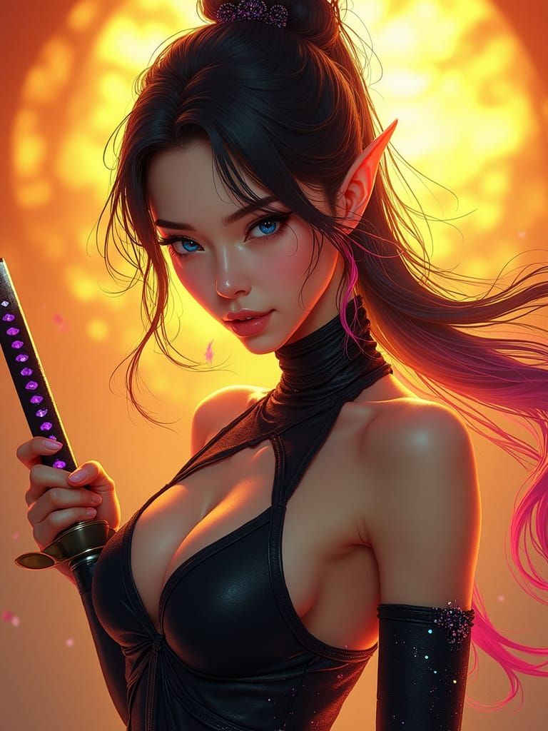 Stunning Female Ninja Elf in Vibrant, Sun-Kissed Portrait