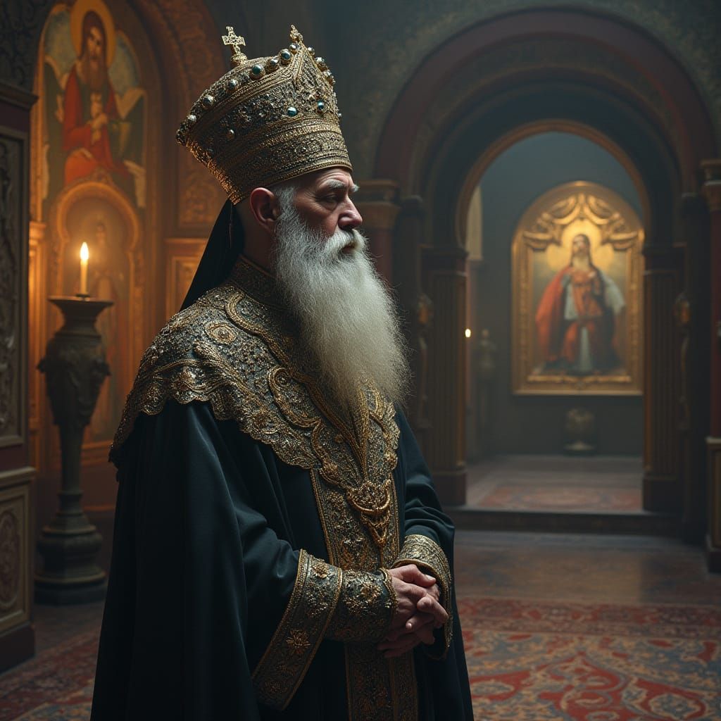 Otherworldly Orthodox Cleric in a Distant Planetary Chapel