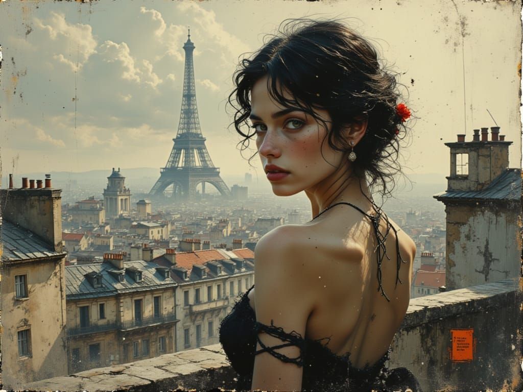 Woman on Paris Rooftops in Dynamic Concept Art Style