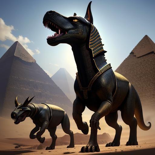 Dinosaurs and Pharaoh Anubis in Jurassic Landscape