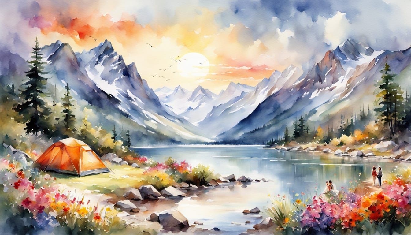 Watercolor Campsite at Sunset with Spring Flowers