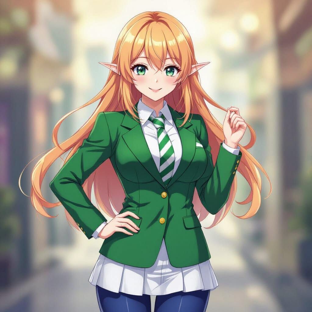 Elf Anime Girl in Business Suit with Confident Smile