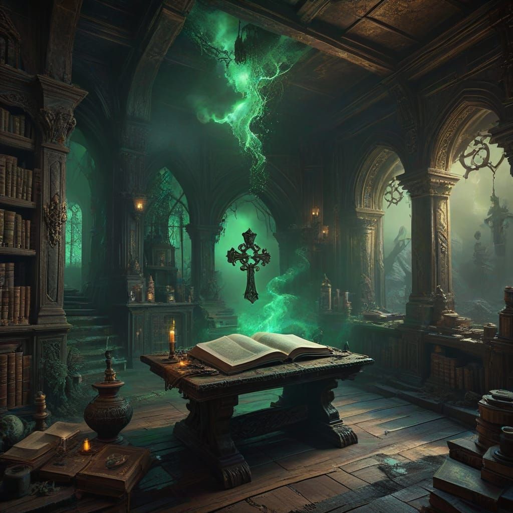 Mystical Dark Fantasy Lair Illuminated by Ancient Tomes