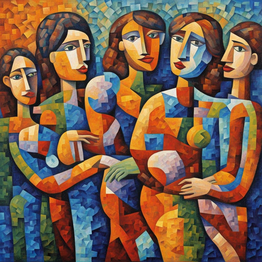 Neo-Cubist Mosaic of United Team as Impasto Painting