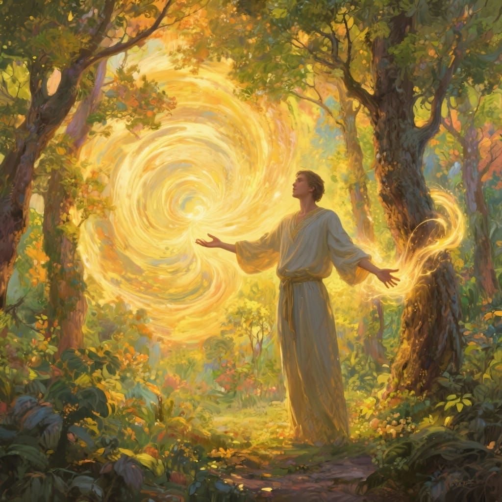 Figure Connects with Forest Energy in Dreamlike Oil Painting