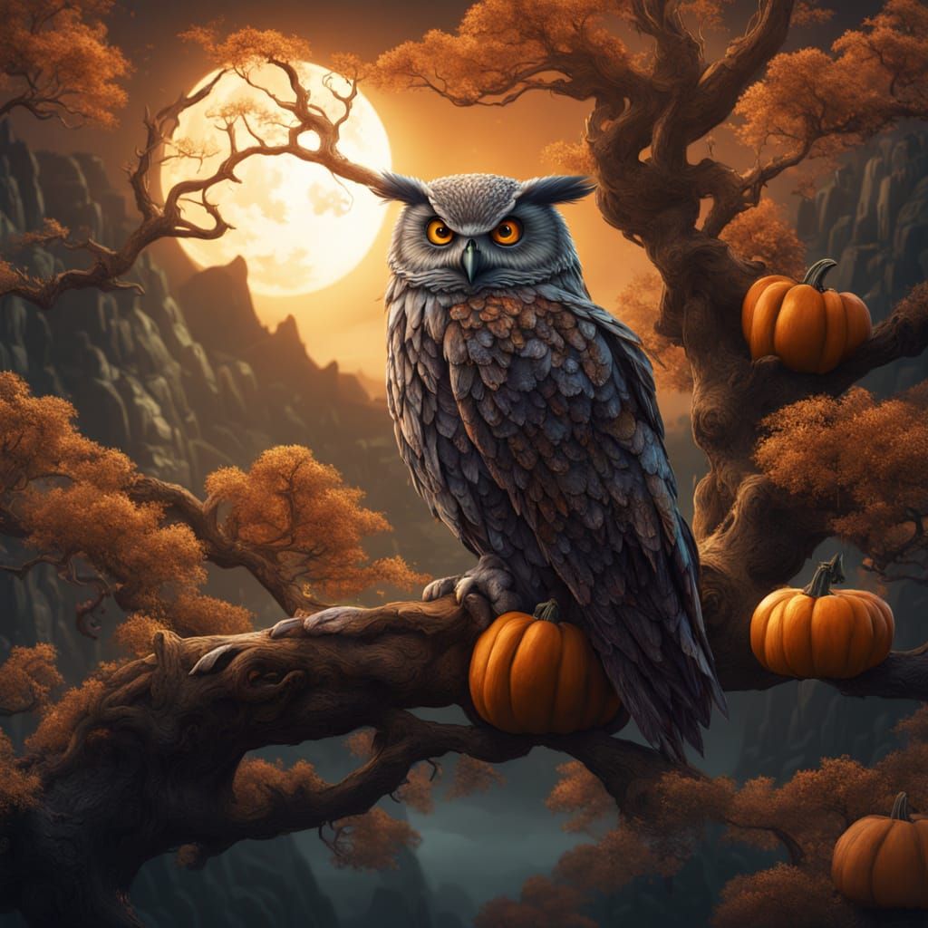 Wise Owl in Pumpkin Hat with Glowing Jack-o'-Lantern