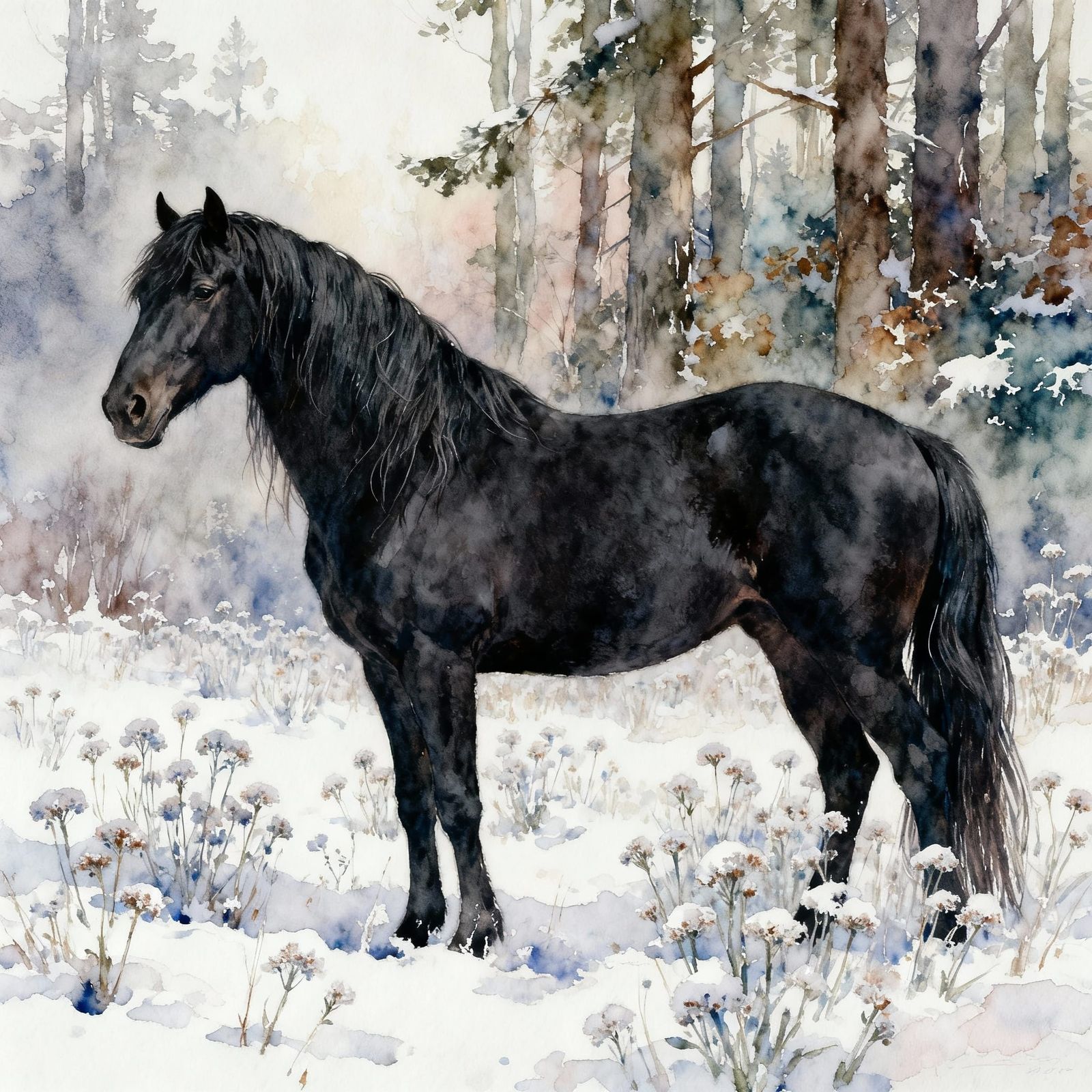 Black Horse in Winter Field Hyperreal Mixed Media