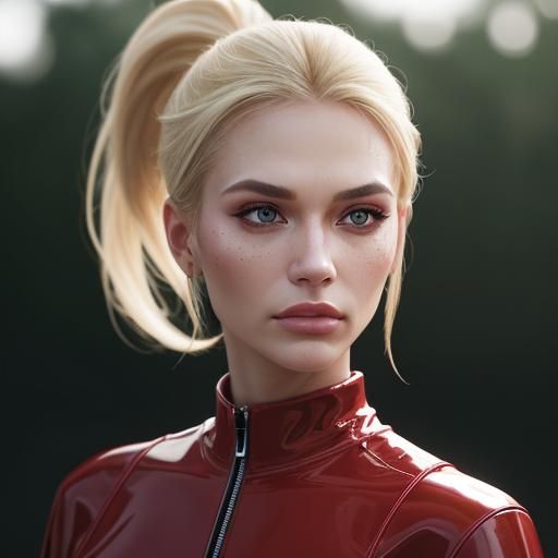 Blonde Woman in Red Latex Dress, McCurry Style
