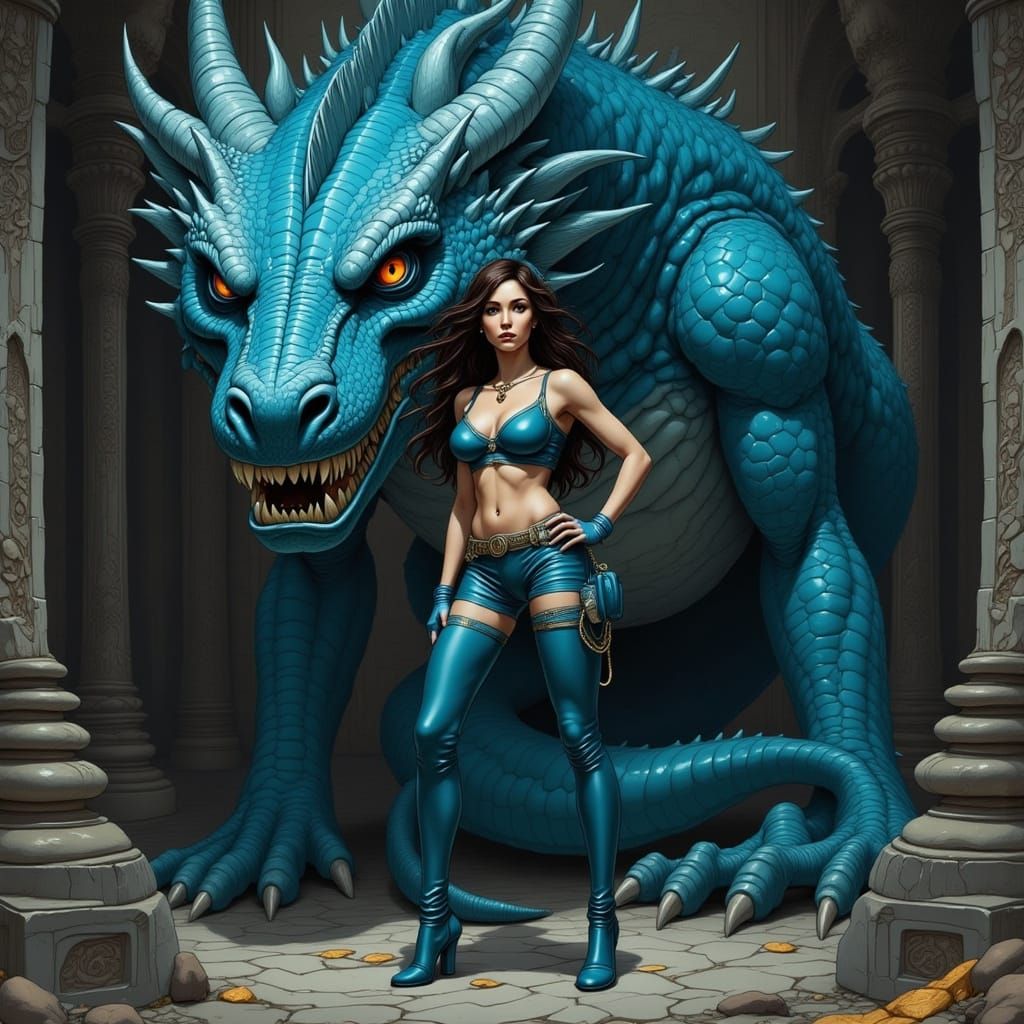 Woman and Dragon in Retrofuturistic Dark Academia Cartoon