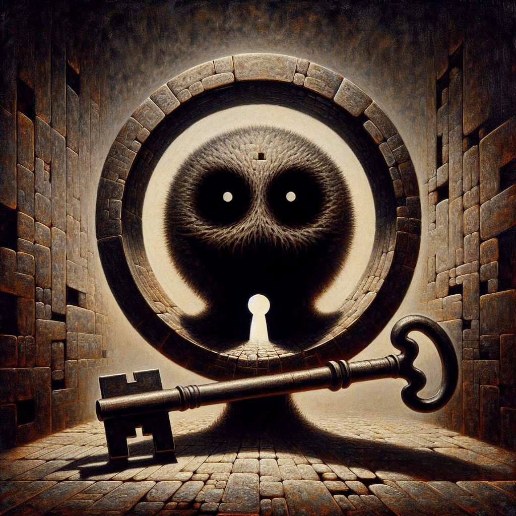 Shadowy Figure with Key, Symbolist Oil Painting