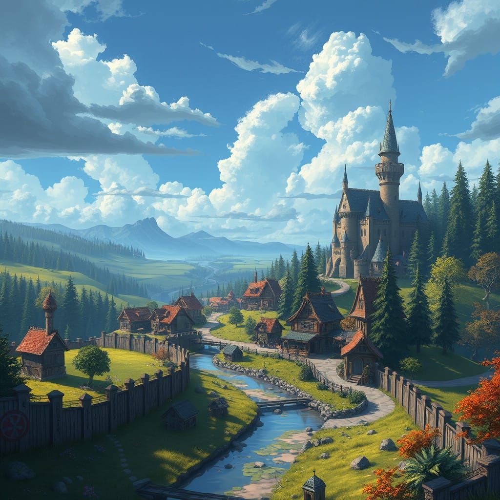 Fantasy Village Scene with Castle and Forest