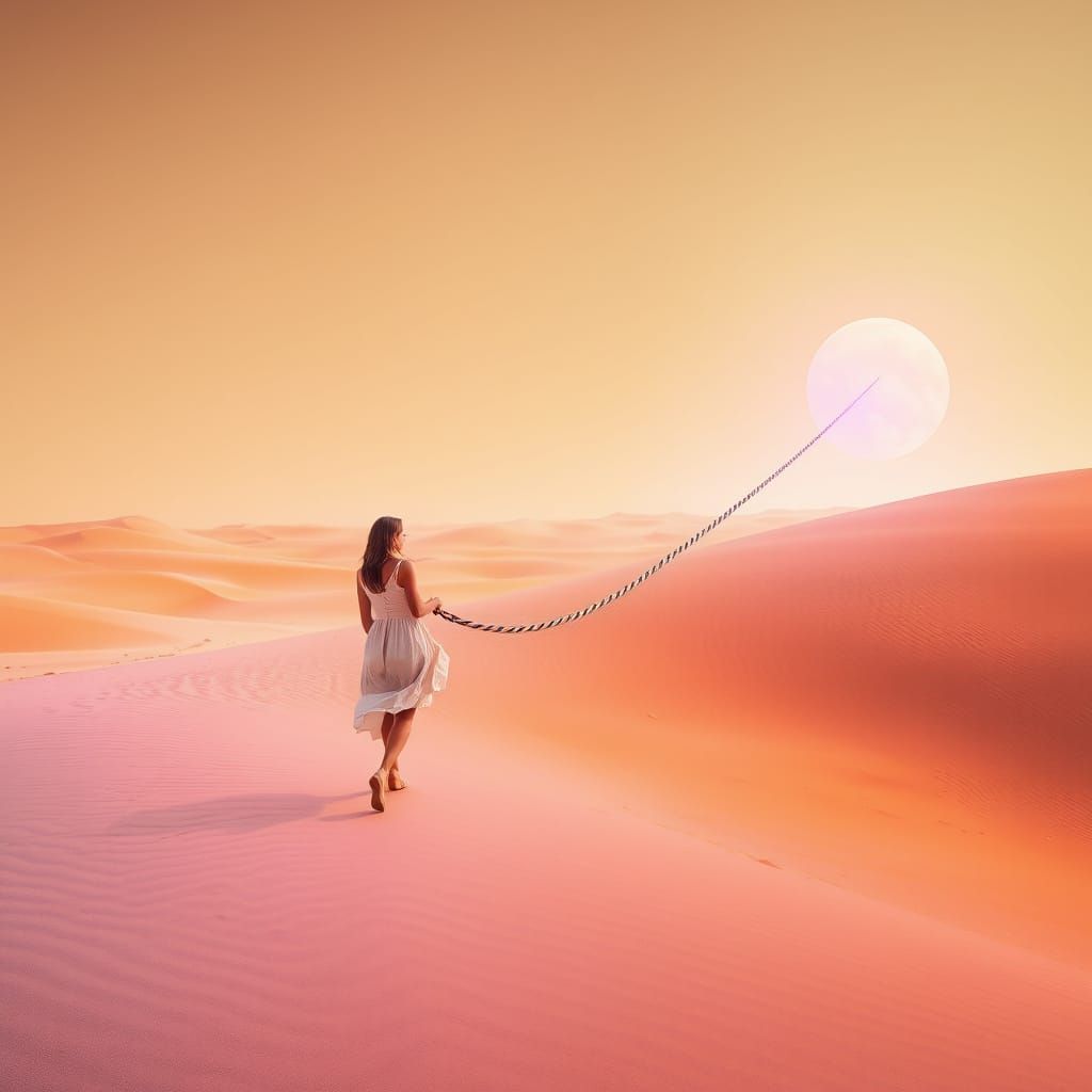Woman Tethered to Horizon in Digital Desertscape