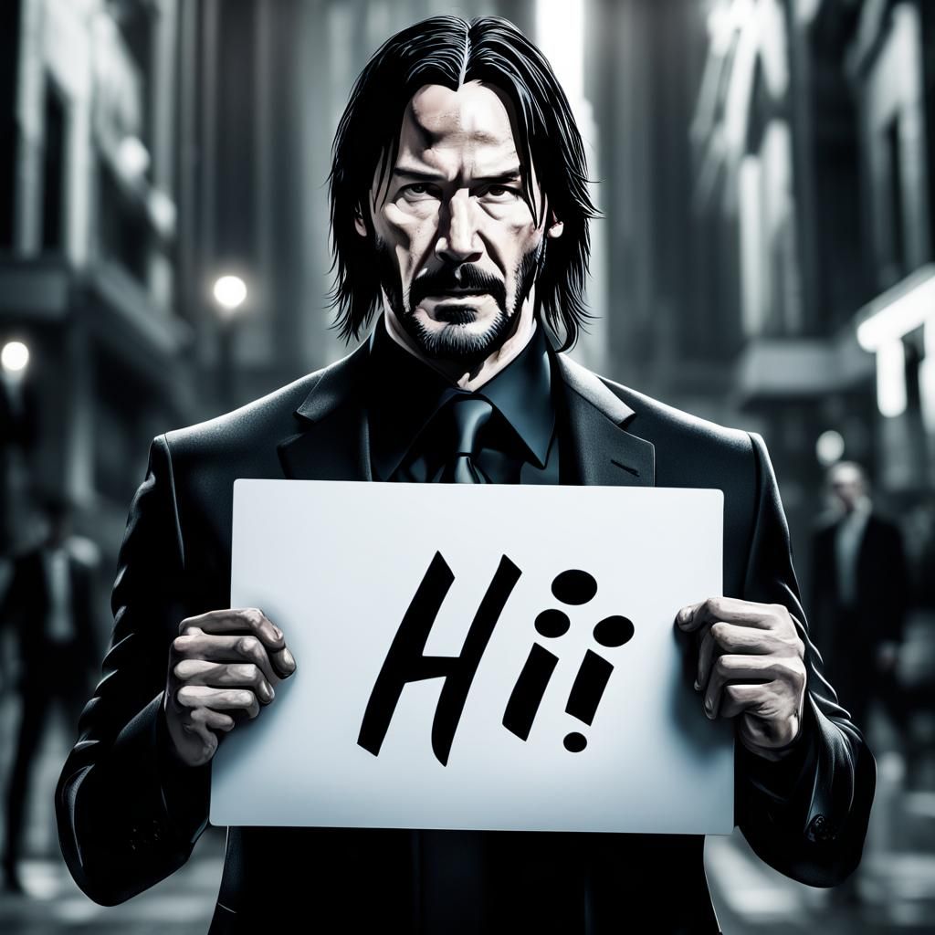 Hyperrealistic Image of John Wick Saying Hi
