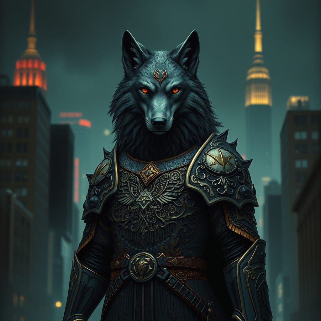 Cyberpunk Wolf Deity in Art Nouveau Armor