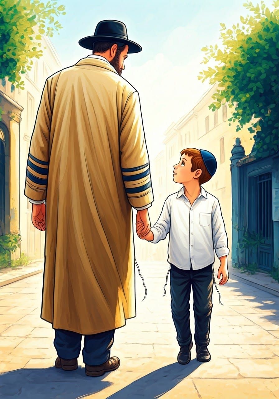 Men Walking to Synagogue in Chagall Style