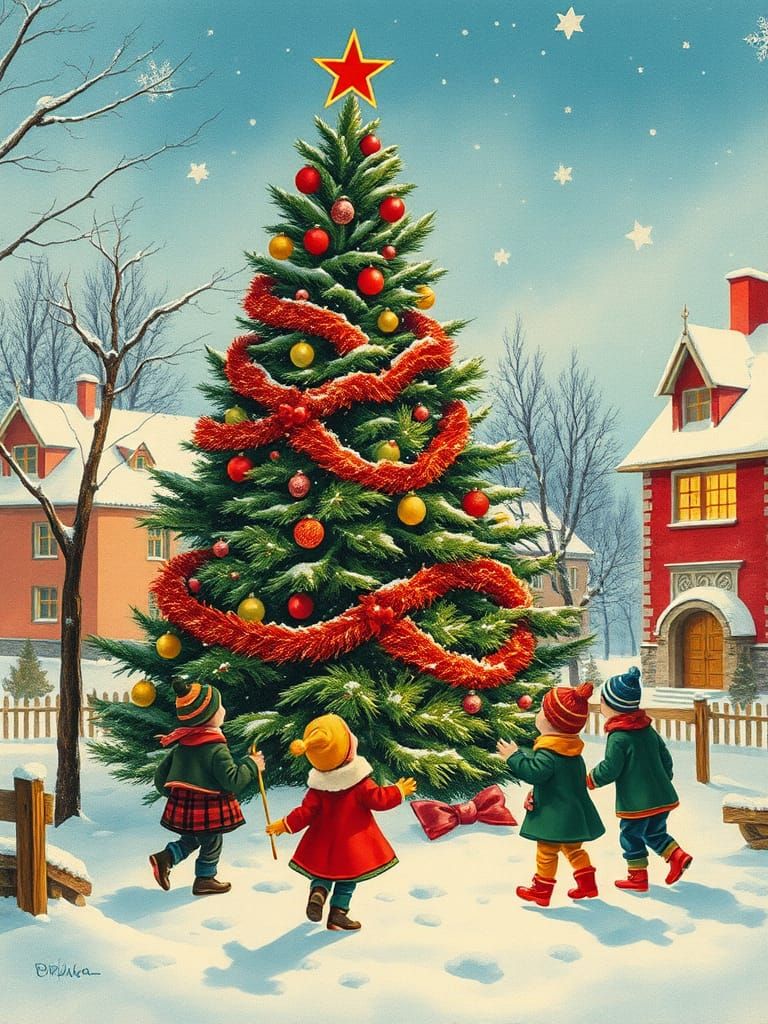 Soviet New Year's Postcard Style Winter Scene