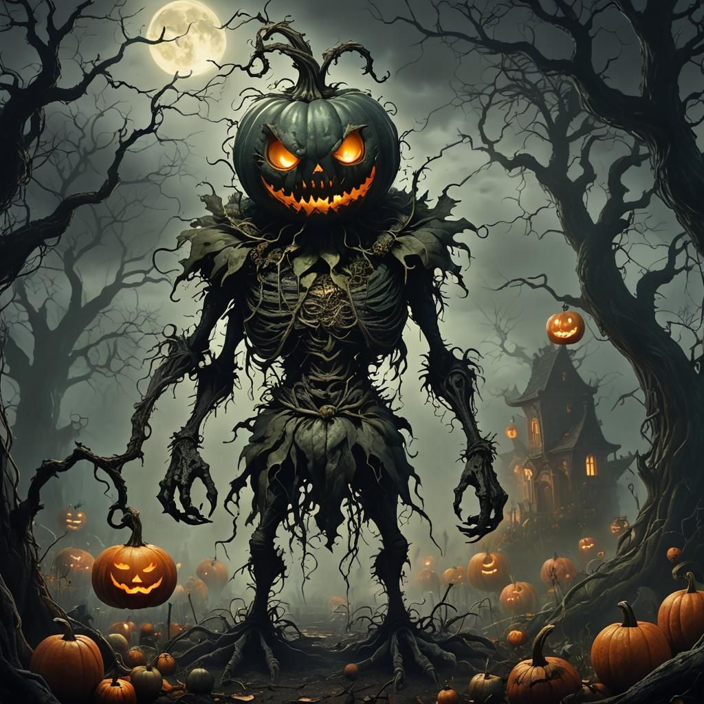 Menacing Pumpkin Creature in Dark Fantasy Garden