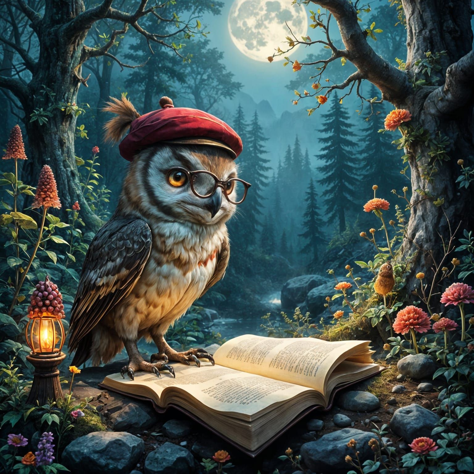 Owl Bard Leads Nocturnal Poetry Club in Moonlit Forest