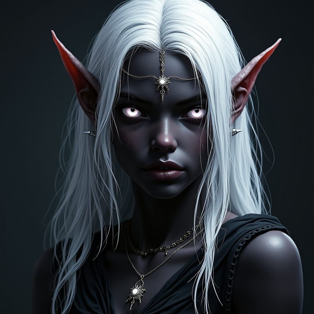 Drow Elf Portrait with White Hair and Glowing Eyes