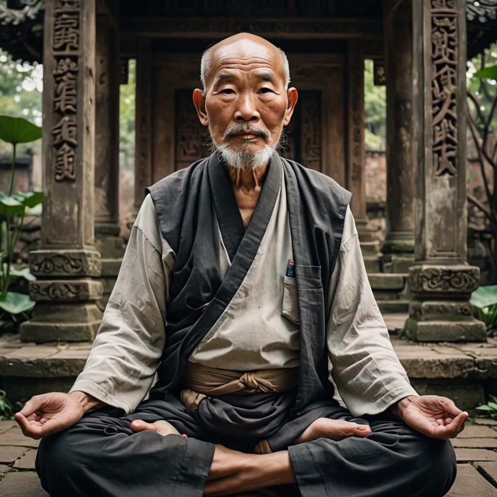 Wise Old Asian Man Meditating in Ruins