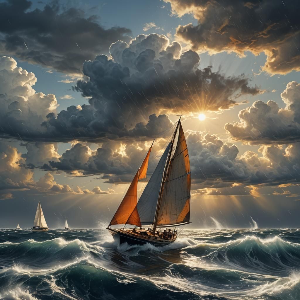 Sailboat in Stormy Sea with Sunny Sky