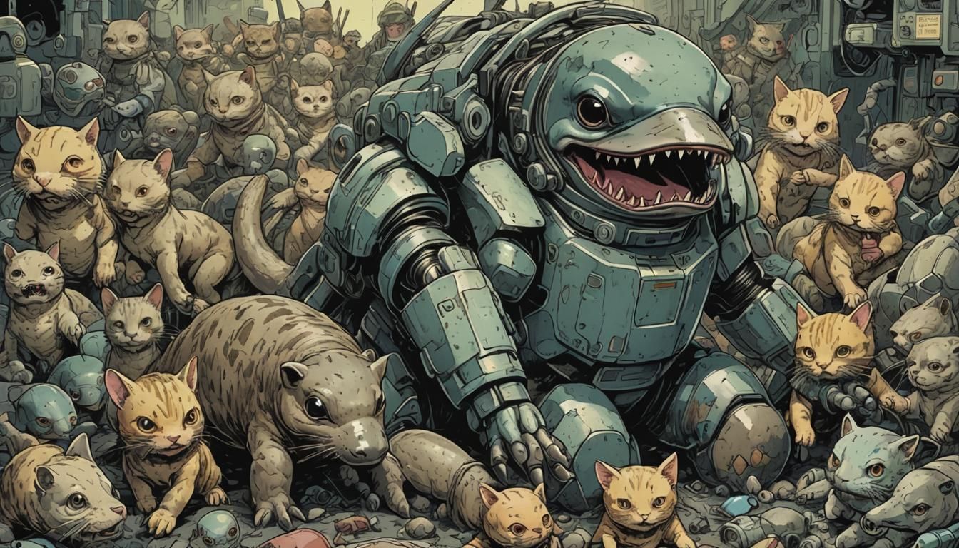 Grotesque Platypus with Kittens in Junji Ito Style