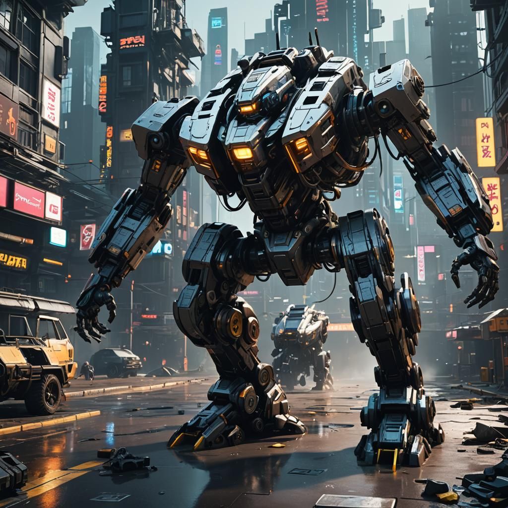 Futuristic Cyberpunk Cityscape with Intricate Mechanical Det...