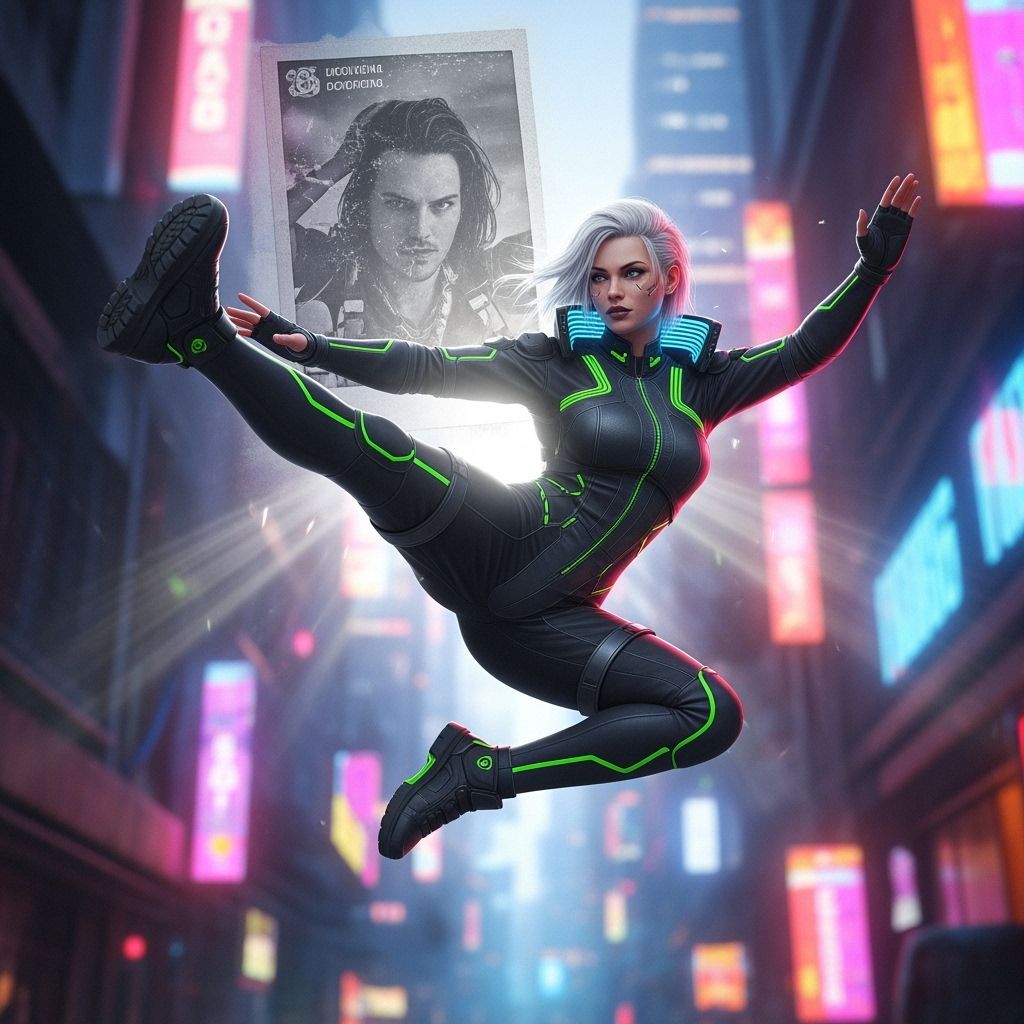 Cyberpunk Agent Mid-Air Kick in Neon Cityscape
