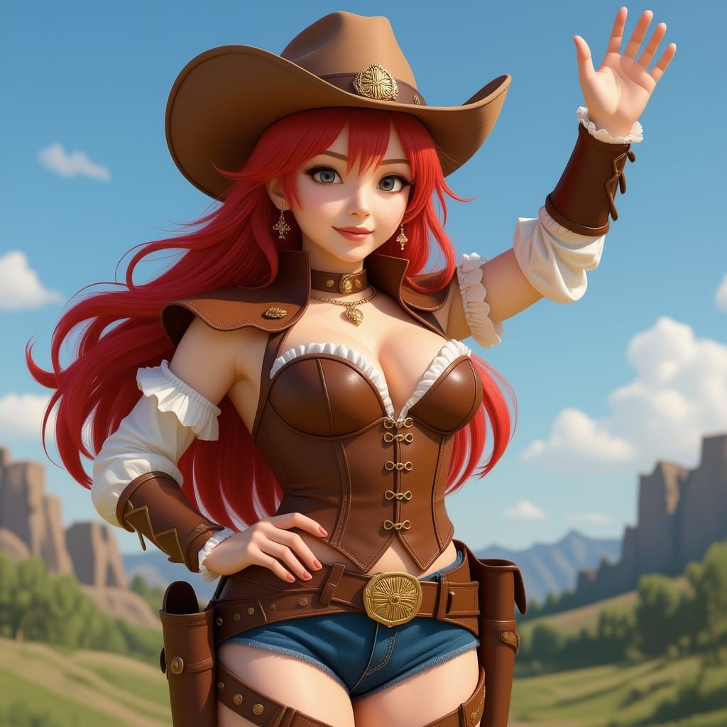 Red Haired Cowgirl Waving in Detailed 3D Anime Art