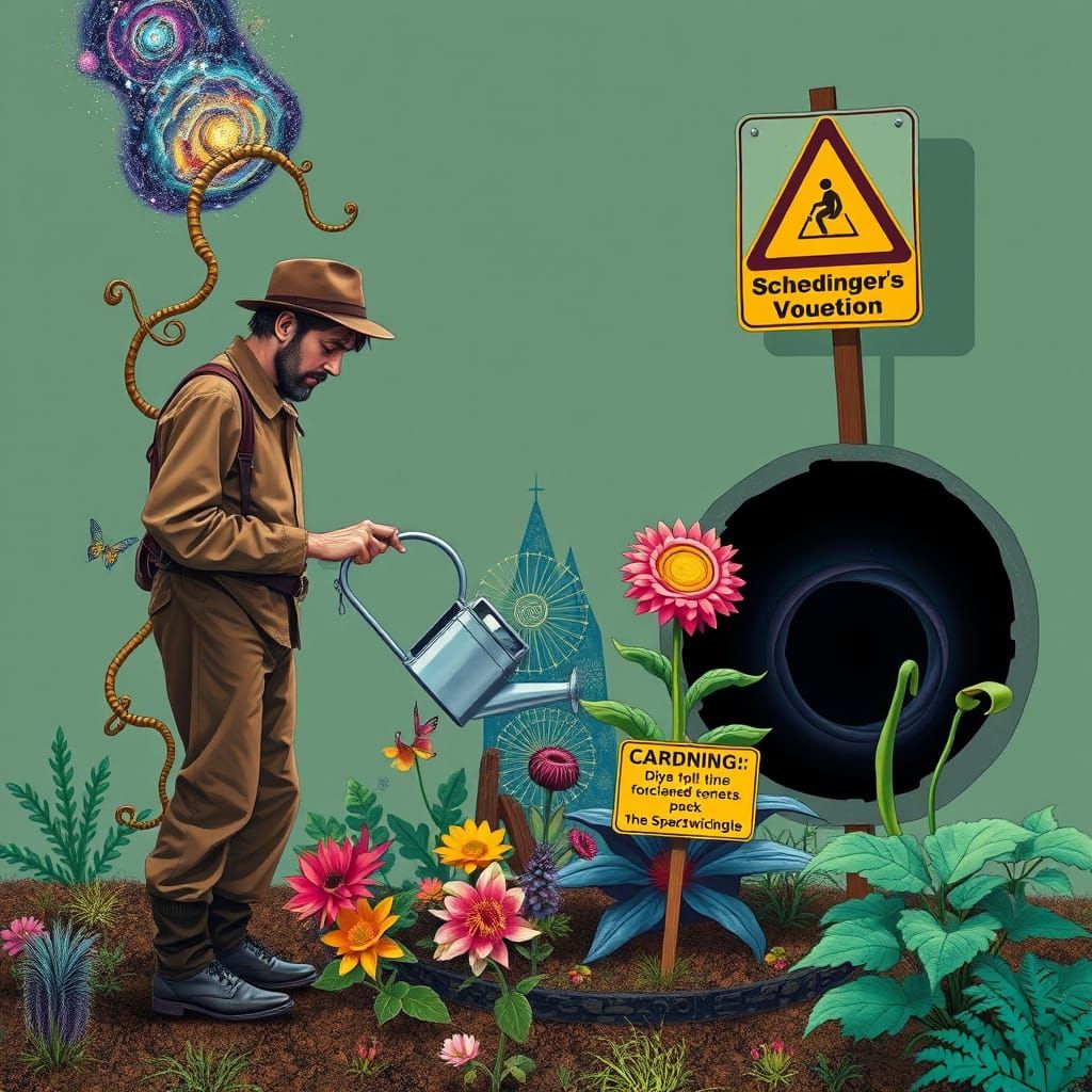 Surreal Botanist Tends Vibrant, Cosmic Plants in a Dreamlike...